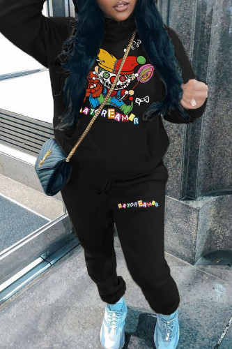 Black Casual Print Patchwork Draw String Pocket Hooded Collar Long Sleeve Two Pieces