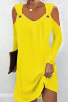 Желтые повседневные однотонные платья с V-образным вырезом и длинными рукавами
