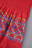 Röda Casual Print Patchwork Off the Shoulder långa klänningar