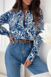 Blue White Casual Print Patchwork Shirt Collar Tops