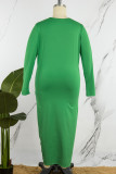 Зеленые повседневные однотонные платья с V-образным вырезом и длинными рукавами больших размеров