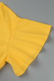 Amarelo casual sólido patchwork bolso babado decote em V manga curta duas peças