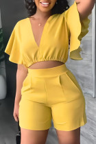 Yellow Casual Solid Patchwork Pocket Flounce V Neck Short Sleeve Two Pieces Crop Tops Blouse And Shorts Sets