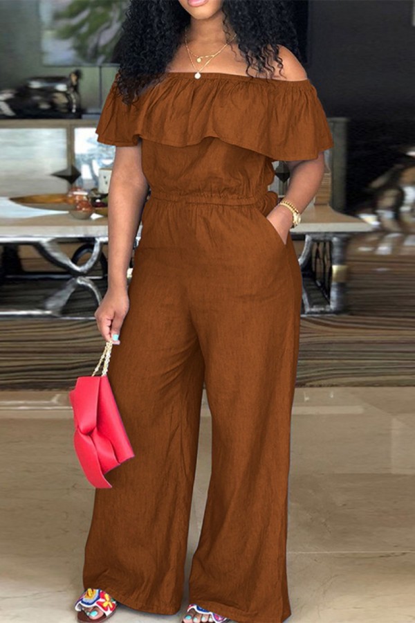 Light Brown Casual Patchwork Off the Shoulder Plus Size Jumpsuits