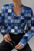 Blusas azuis com estampa casual patchwork decote em V