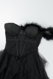 Robe longue noire, Sexy, formelle, solide, Patchwork, transparente, dos nu, sans bretelles