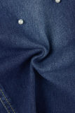 Saia jeans regular azul escuro casual patchwork pérola cintura alta