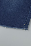 Saia jeans regular azul escuro casual patchwork pérola cintura alta