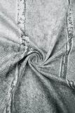 Robes jupe une étape gris imprimé rue patchwork dos nu à épaules dénudées