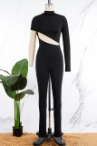 Zwarte sexy casual effen uitgeholde asymmetrische skinny jumpsuits met col