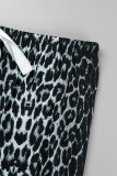 Black Living Print Leopard Basic V Neck Plus Size Pajamas Two Piece Set