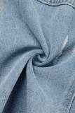 Light Blue Casual Solid Patchwork Turndown Collar Puff Sleeve Regular Cropped Denim Jacket