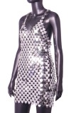 Silver Sexy Patchwork Hollowed Out Backless Spaghetti Strap Sleeveless Dress Dresses