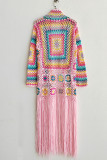Pink Casual Tassel Bandage Hollowed Out Patchwork Cardigan Collar Outerwear