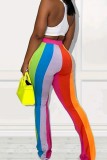Pantaloni taglie forti patchwork con stampa a righe casual multicolori