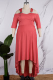 Robe longue asymétrique unie décontractée rose à col en V, robes de grande taille