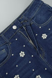 Dark Blue Casual Patchwork Pearl High Waist Regular Floral Print Denim Midi Skirts