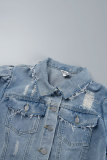 Голубая повседневная однотонная джинсовая куртка с отложным воротником и короткими рукавами в стиле пэчворк