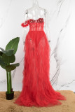 Vestidos longos vermelhos sexy formais sólidos com retalhos transparentes sem alças