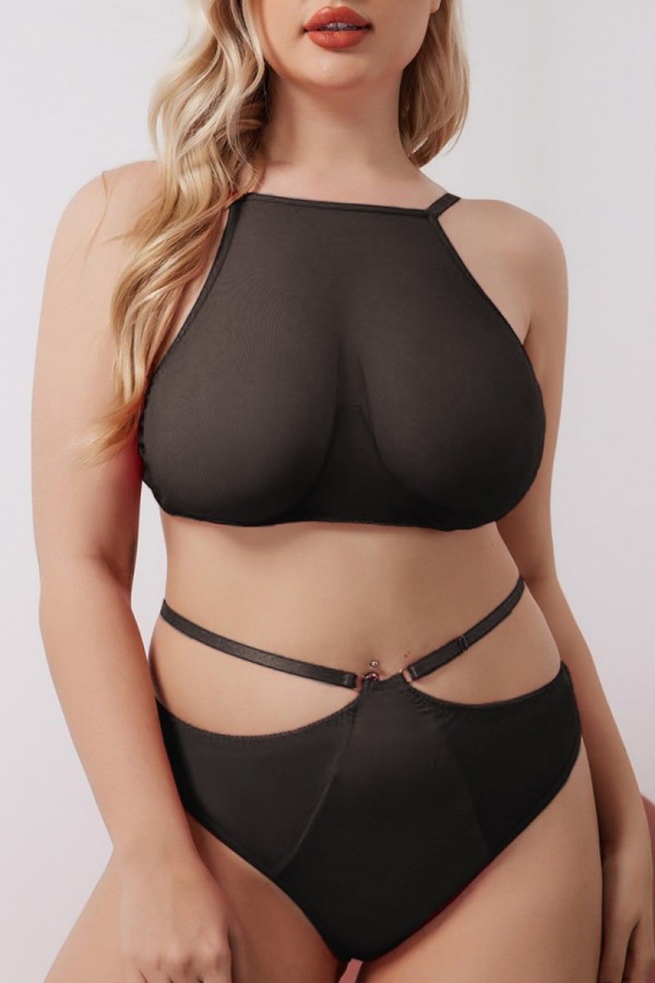 Zwart sexy effen doorzichtige backless o-hals plus size ondergoedset