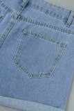 Babyblå Casual Solid Patchwork Vanliga jeansshorts med hög midja