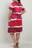 Red Casual Print Basic V Neck Short Sleeve Dress Plus Size Dresses