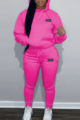 Rose Red Casual Letter Long Sleeve Draw String Pocket Hooded Collar Sweatshirt And Pants Sportwear Plus Size Two Piece Jogger Set