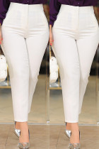 Weiße, lässige, solide Patchwork-Hose mit hoher Taille und herkömmlicher einfarbiger Hose