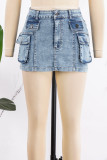 Blue Sexy Street Solid Patchwork Pocket Buttons Zipper Mid Waist Regular Cargo Denim Mini Skirts