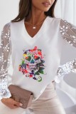 White Yellow Casual Print Patchwork V Neck Tops