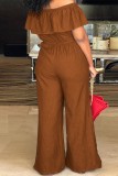 Light Brown Casual Patchwork Off the Shoulder Plus Size Jumpsuits