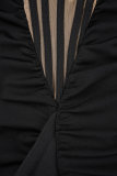 Zwarte sexy patchwork backless split off-the-shoulder avondjurkjurken