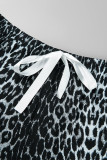 Black Living Print Leopard Basic V Neck Plus Size Pajamas Two Piece Set