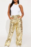Champagne Casual Solid Patchwork Regular High Waist Conventional Solid Color Trousers