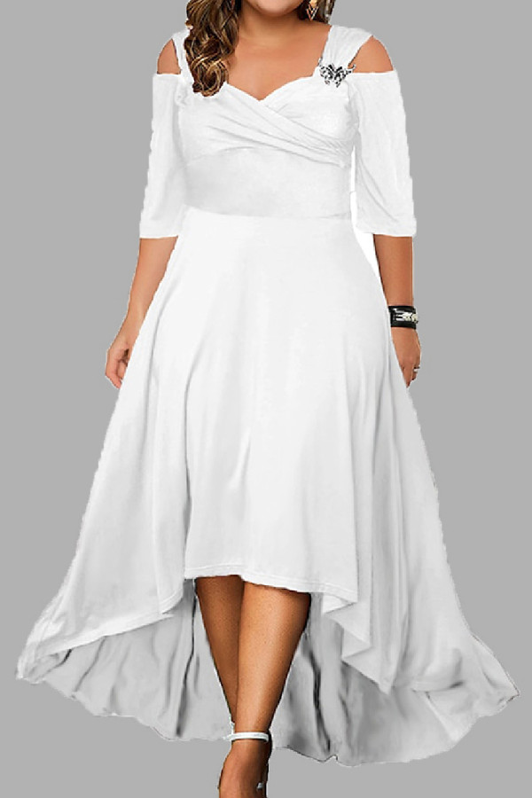 Кремово-белое повседневное однотонное асимметричное длинное платье с V-образным вырезом Платья больших размеров