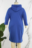 ブルー カジュアル ソリッド ベーシック フード付き カラー 長袖 プラス サイズ ドレス