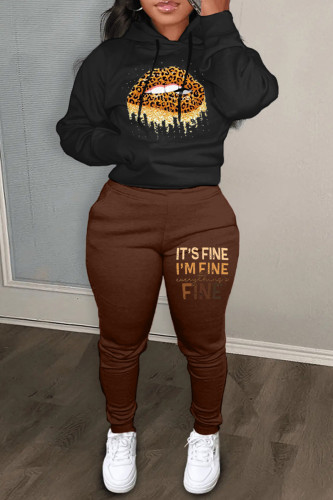 Black Casual Letter Lips Printed Patchwork Draw String Pocket Hooded Collar Long Sleeve Two Pieces