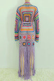 Black Casual Tassel Bandage Hollowed Out Patchwork Cardigan Collar Outerwear