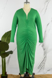 グリーン カジュアル ソリッド フォールド V ネック 長袖 プラス サイズ ドレス