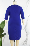 Azul Casual Sólido Patchwork O Cuello Falda envuelta Vestidos de talla grande