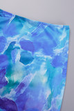 Colorato blu sexy street tie dye patchwork senza schienale fessura asimmetrica senza spalline senza maniche due pezzi