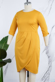 Amarillo Casual Patchwork liso Cuello redondo Falda envuelta Vestidos de talla grande