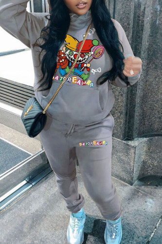 Grey Casual Print Patchwork Draw String Pocket Hooded Collar Long Sleeve Two Pieces