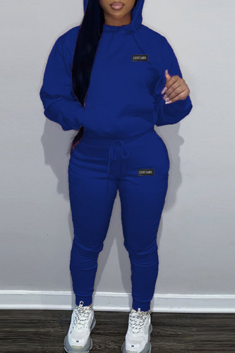 Blue Casual Letter Long Sleeve Draw String Pocket Hooded Collar Sweatshirt And Pants Sportwear Plus Size Two Piece Jogger Set