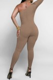 Khaki Casual Solid Backless Oblique Collar Skinny Jumpsuits