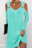 Olive Green Casual Solid Hollowed Out V Neck Long Sleeve Dresses