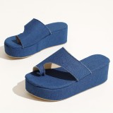 Sapatos de cunha confortáveis ​​redondos de cor sólida casual azul patchwork