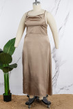 Light Brown Sexy Living Solid Backless Cross Straps Spaghetti Strap Plus Size Nightdress