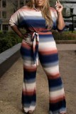 Blue Casual Striped Print Patchwork O Neck Plus Size Two Pieces