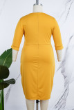 Желтая повседневная однотонная лоскутная юбка с круглым вырезом и запахом Платья больших размеров